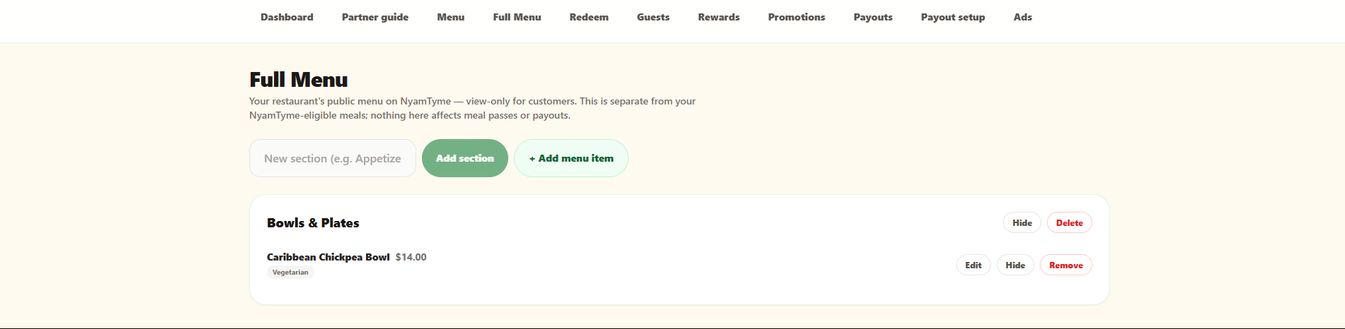 The NyamTyme Full Menu manager showing a “Bowls & Plates” section containing a Caribbean Chickpea Bowl priced at $14.00 with a Vegetarian tag, plus Edit, Hide and Remove controls.