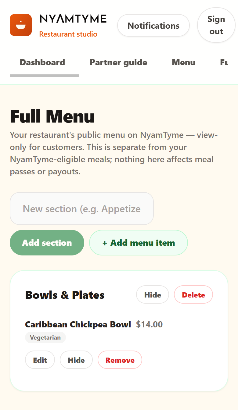 The NyamTyme Full Menu manager on a phone, showing the Add section and Add menu item buttons above a Bowls & Plates section with one tagged menu item.