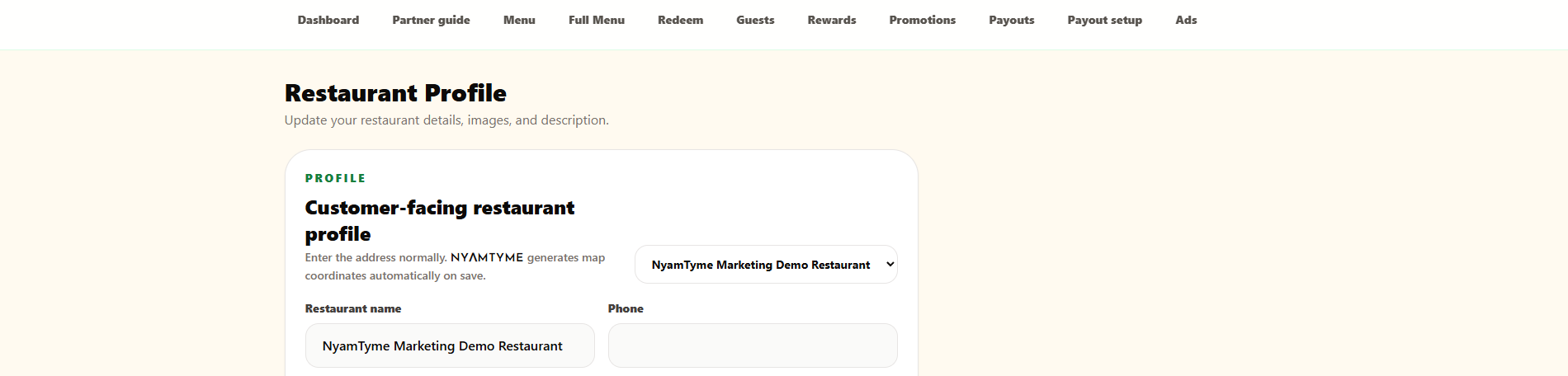 The NyamTyme restaurant profile editor showing the customer-facing profile card with a restaurant selector, restaurant name and phone fields.