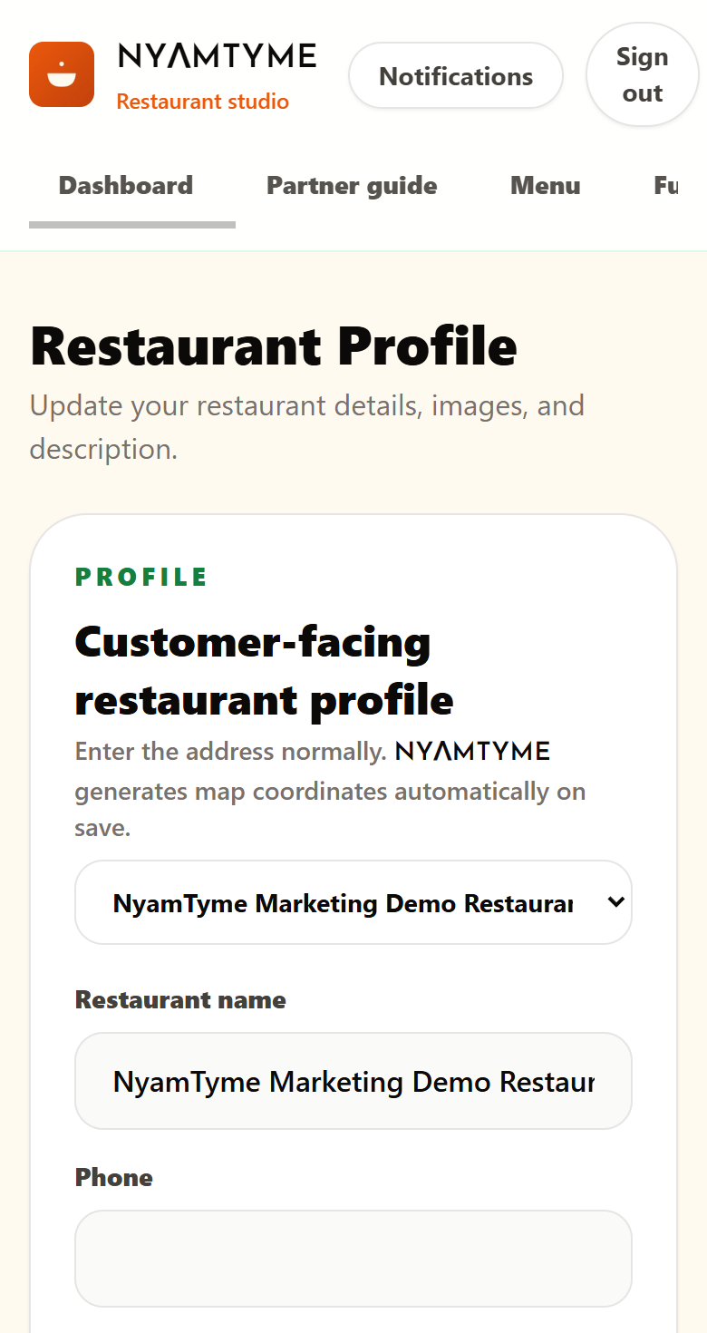The NyamTyme restaurant profile editor on a phone, showing the customer-facing profile card with the restaurant selector and name field.