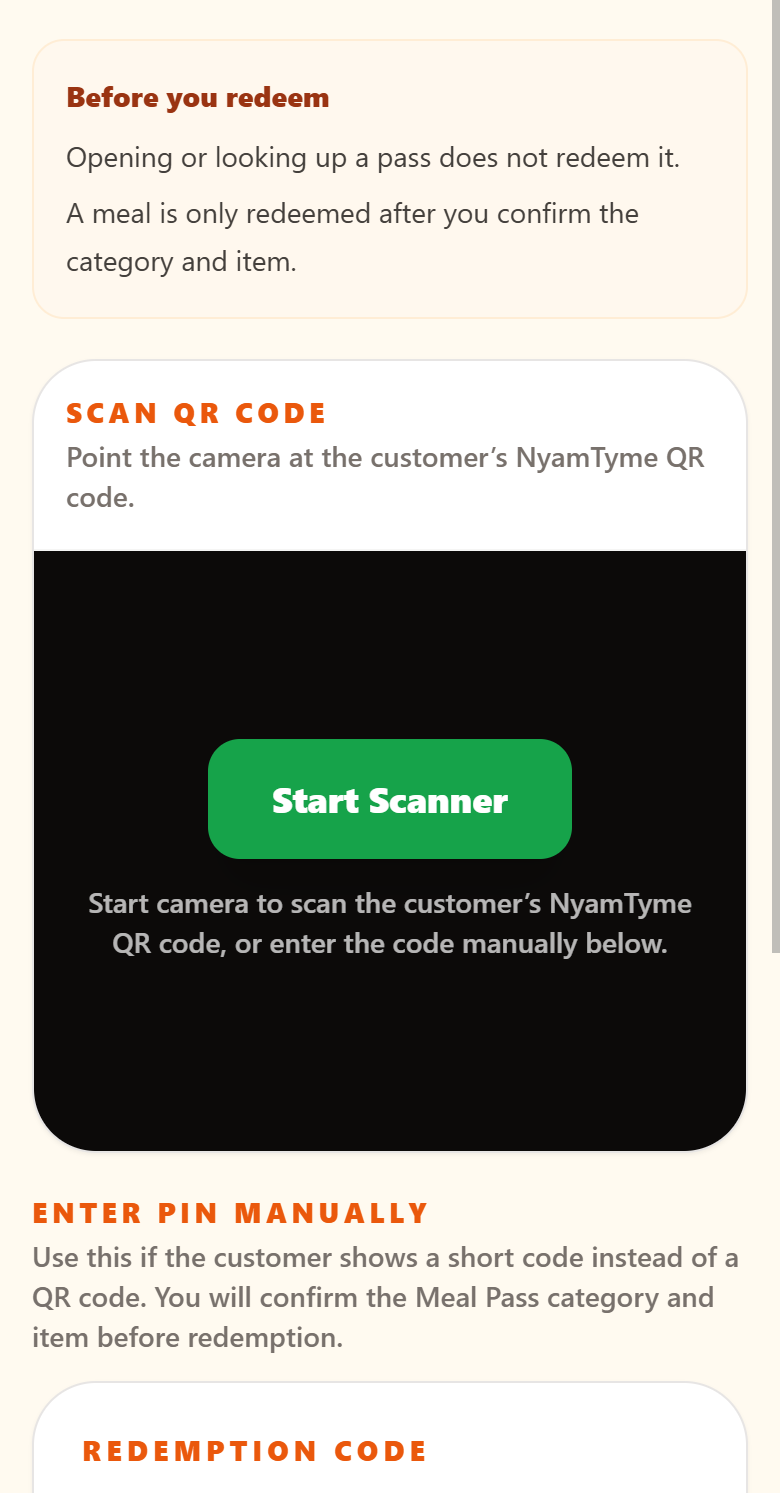 NyamTyme Quick Redeem on a phone, showing a “Before you redeem” reminder, a Start Scanner button, and a manual redemption code field.