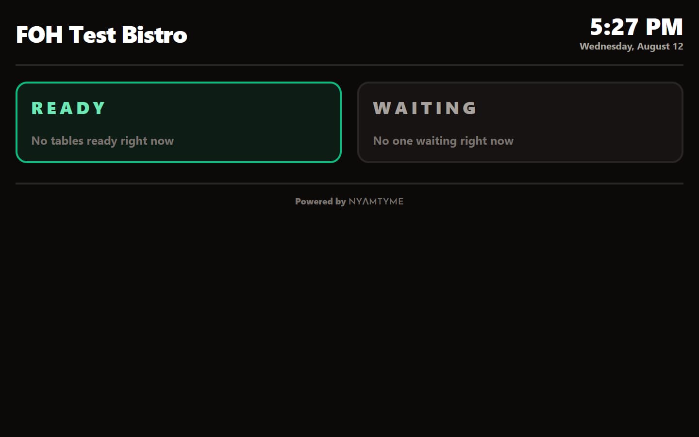 NyamTyme FOH public waitlist display showing public-safe demo queue labels and names