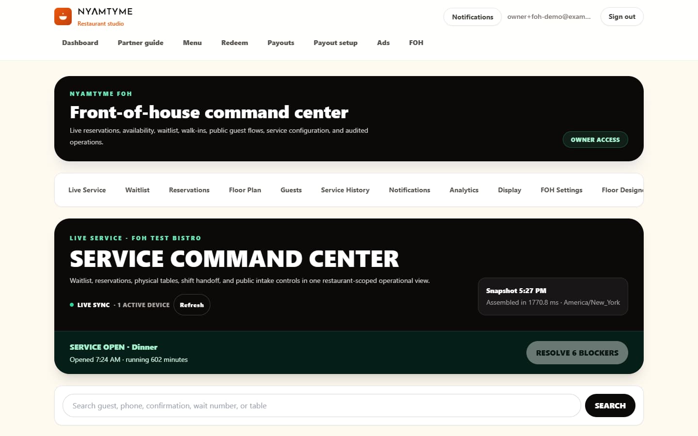 NyamTyme FOH Live Service command center showing an active demo restaurant service