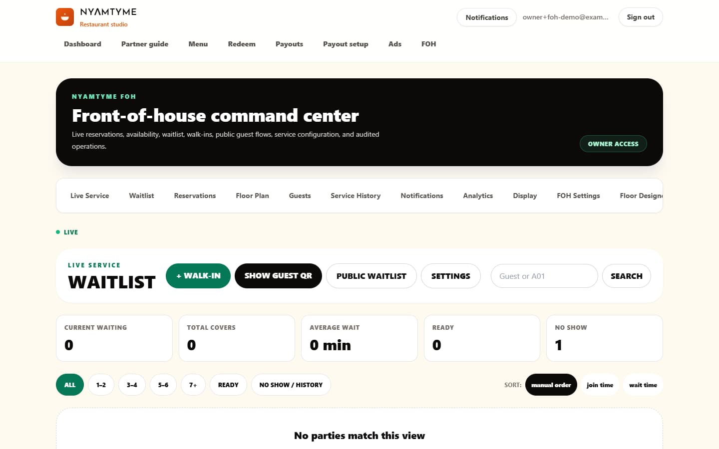NyamTyme FOH waitlist with synthetic parties, queue labels and wait estimates