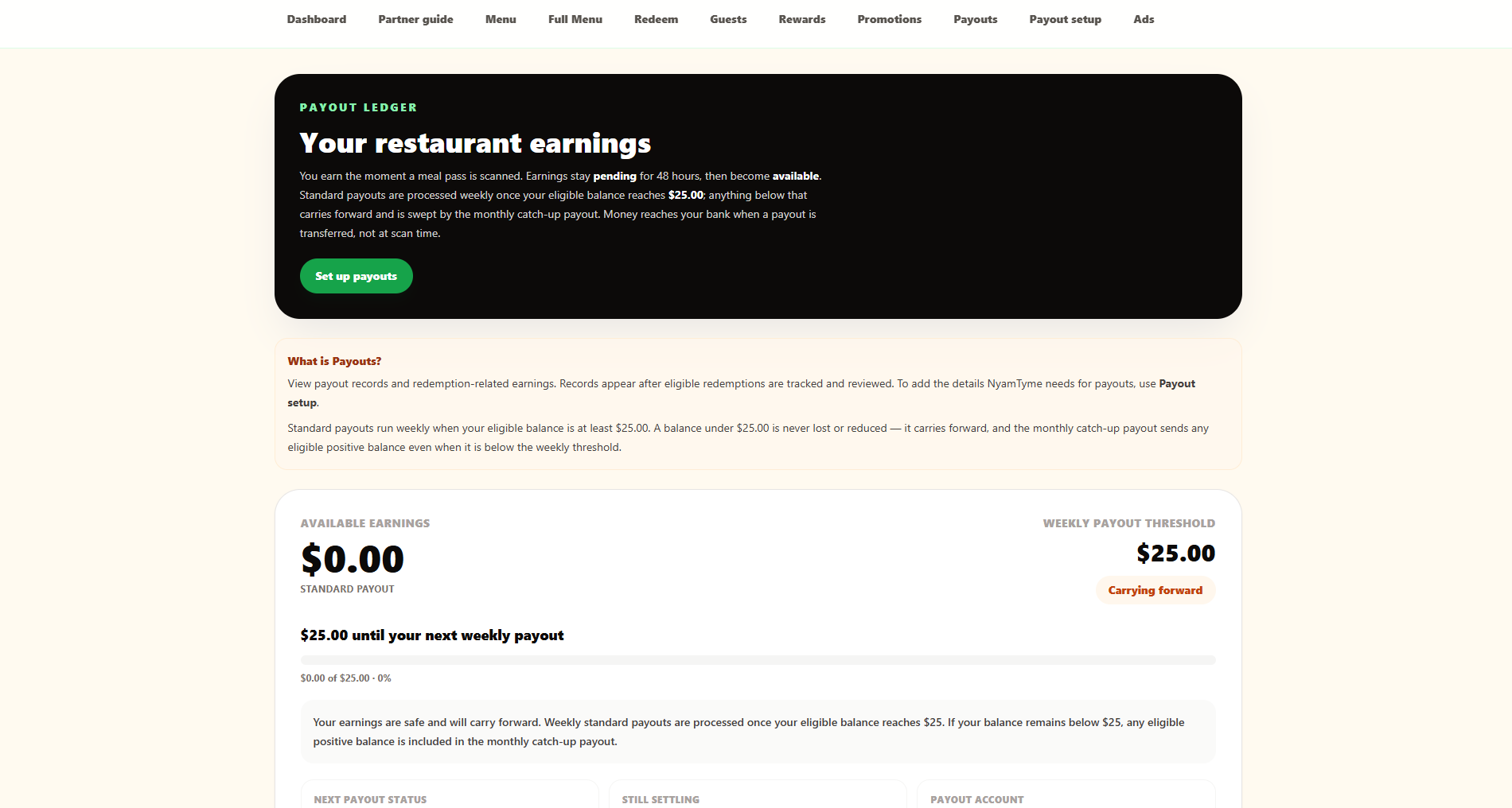 The NyamTyme payout ledger showing a “Your restaurant earnings” panel explaining pending and available earnings, available earnings of $0.00, a $25.00 weekly payout threshold, and a carrying-forward status.