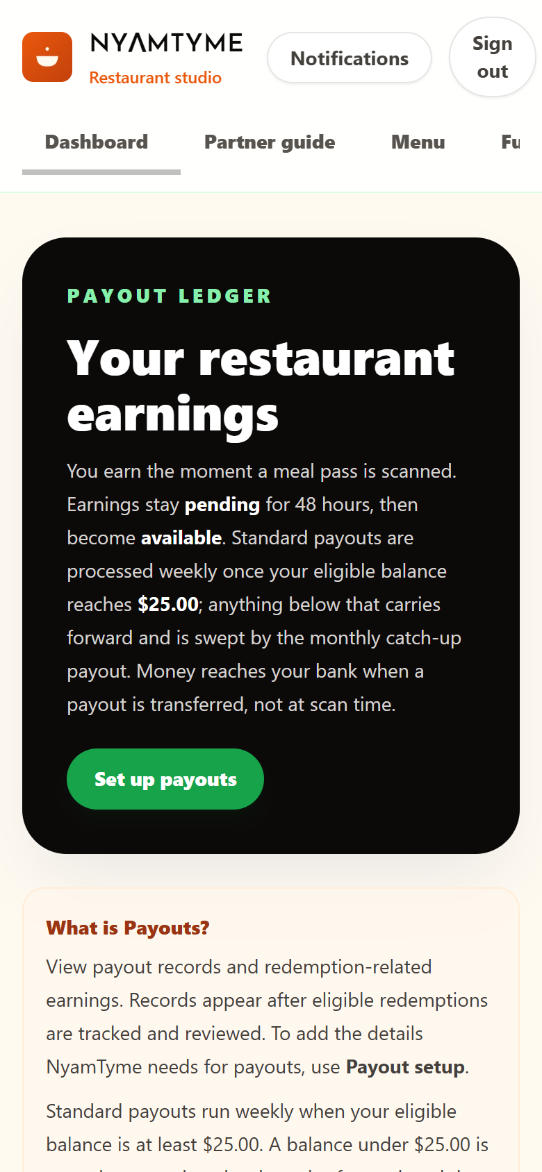 The NyamTyme payout ledger on a phone, explaining how earnings become available and when weekly payouts run.